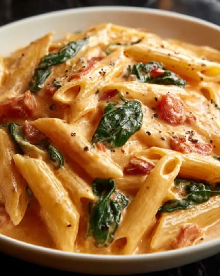 Penne Pasta with Spinach and Roasted Red Pepper Cream Sauce Recipe