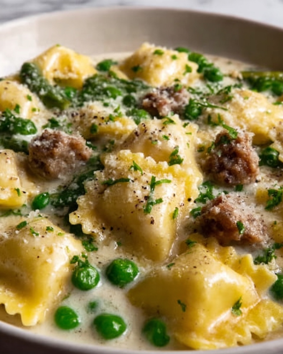 Asparagus Ravioli with Sausage and Peas Recipe - Recipe Image