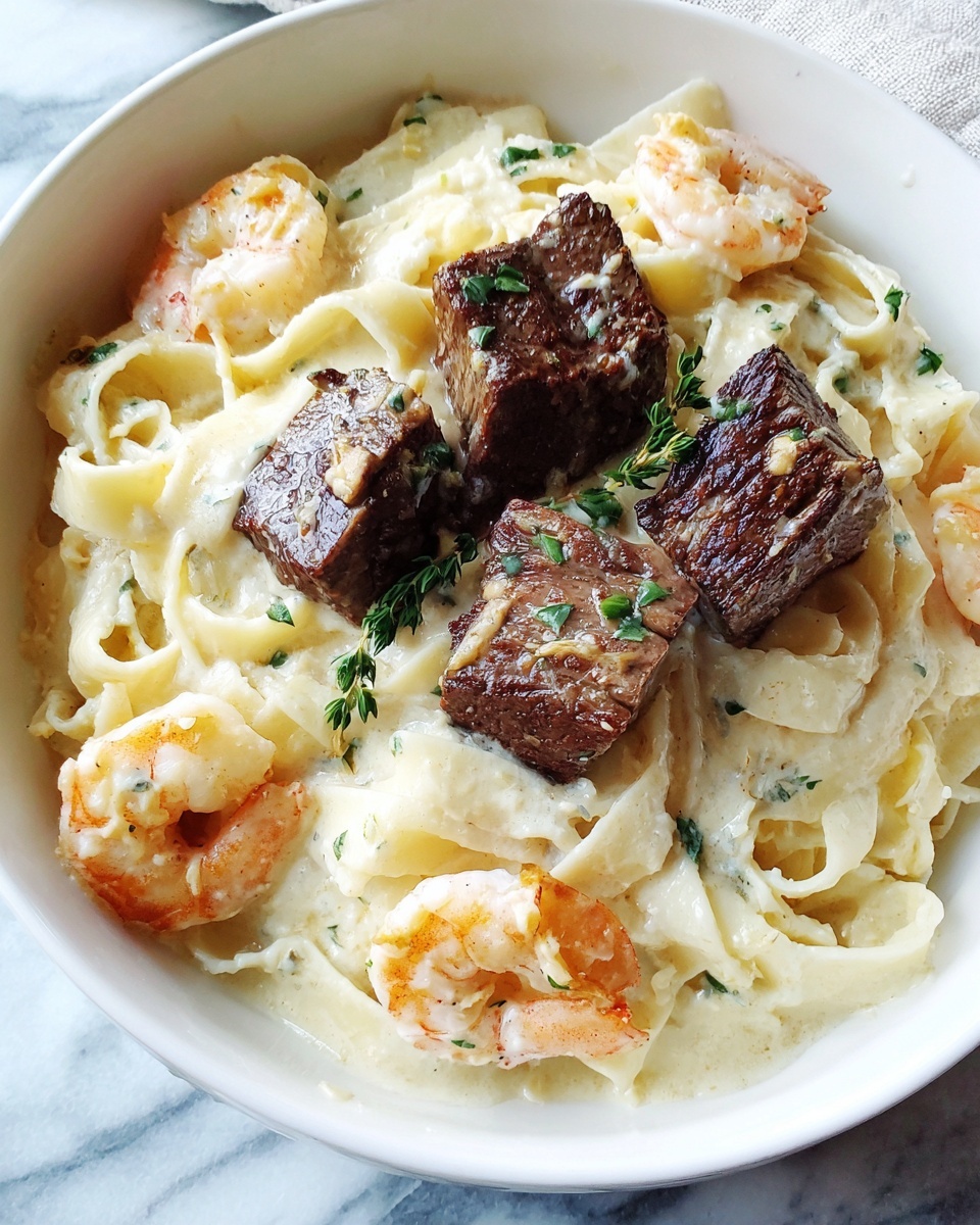 Cajun Shrimp and Steak Alfredo Pasta Recipe - Recipe Image
