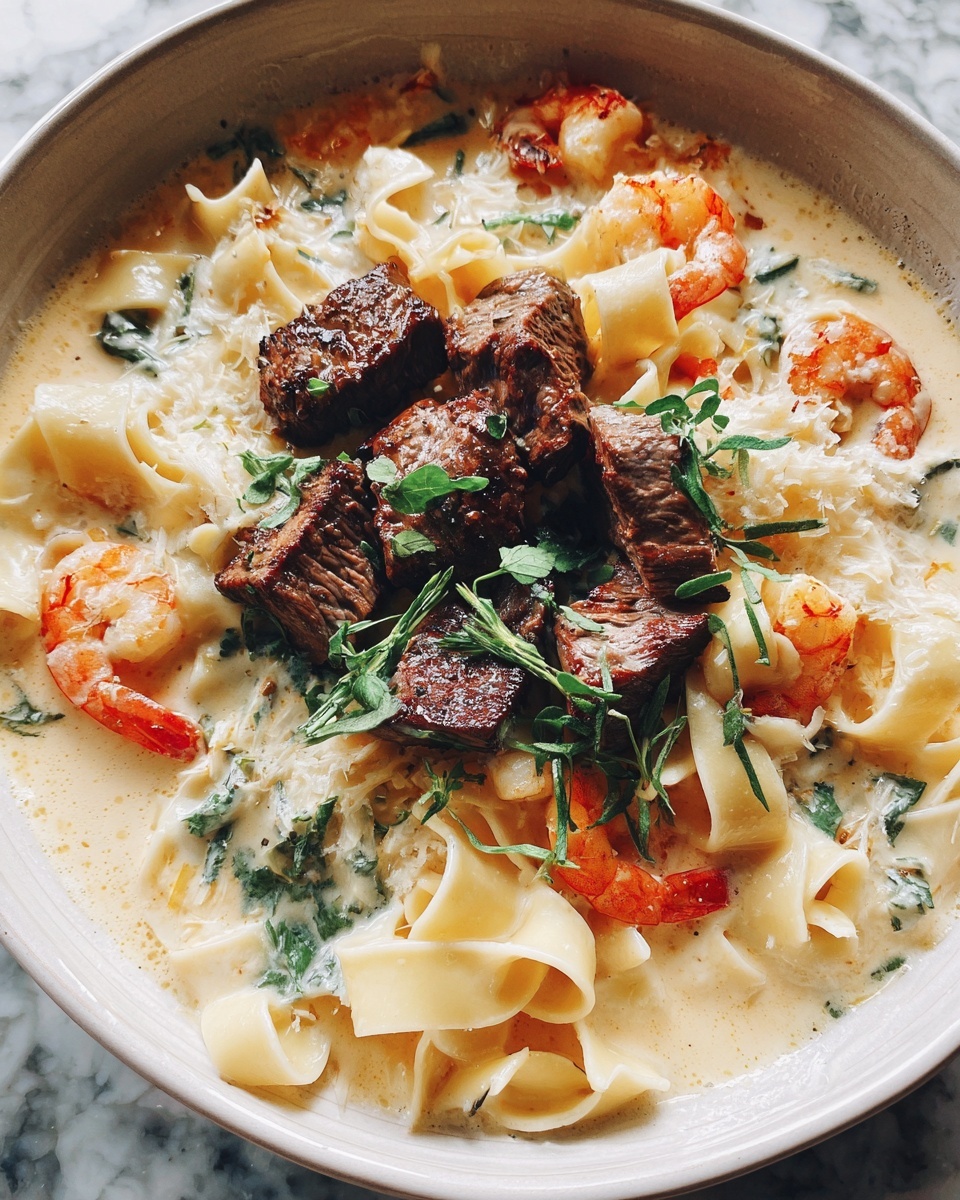 Cajun Shrimp and Steak Alfredo Pasta Recipe - Recipe Image