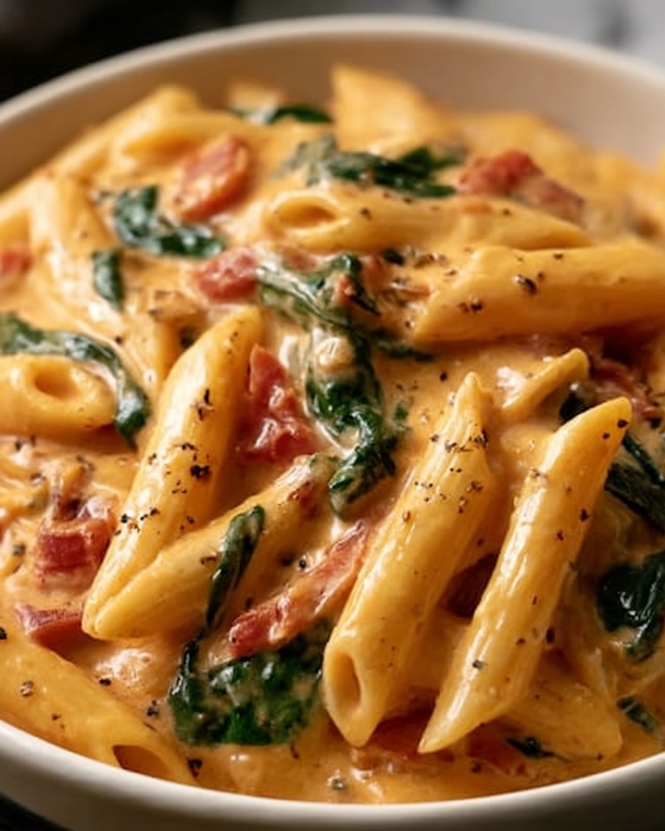 Penne Pasta with Spinach and Roasted Red Pepper Cream Sauce Recipe - Recipe Image