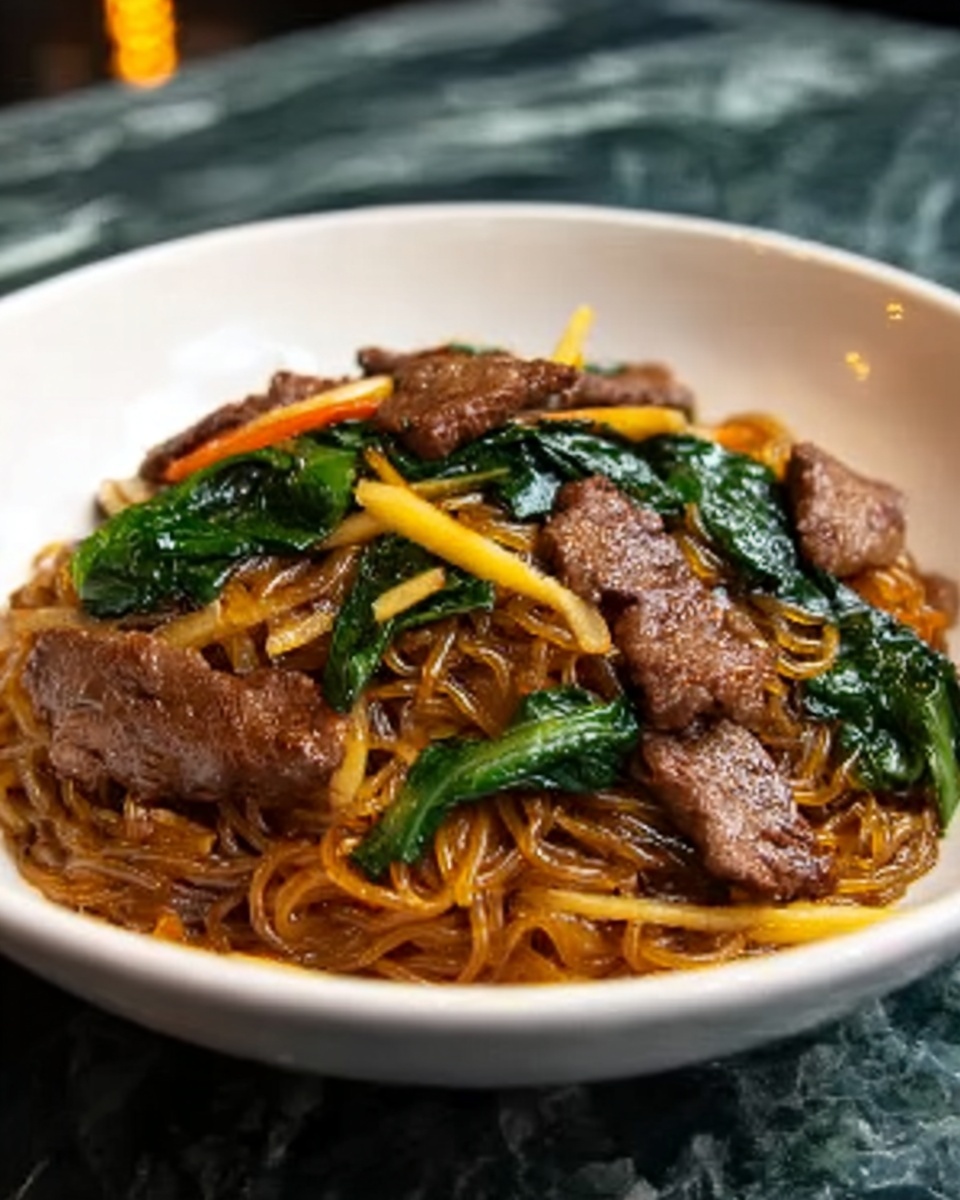 Sweet Potato Glass Noodles with Beef and Vegetables (Japchae) Recipe - Recipe Image
