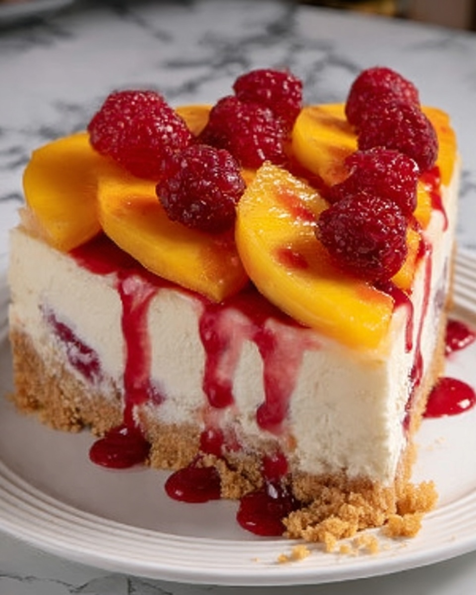Summer Bliss Peach and Raspberry Cheesecake Delight Recipe - Recipe Image