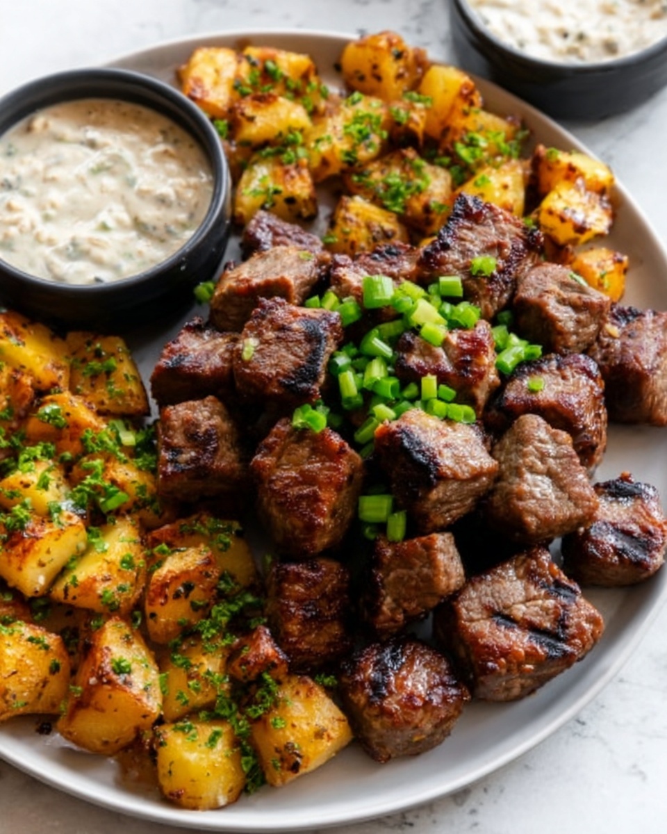 Garlic Butter Steak Bites with Crispy Smashed Potatoes Recipe - Recipe Image