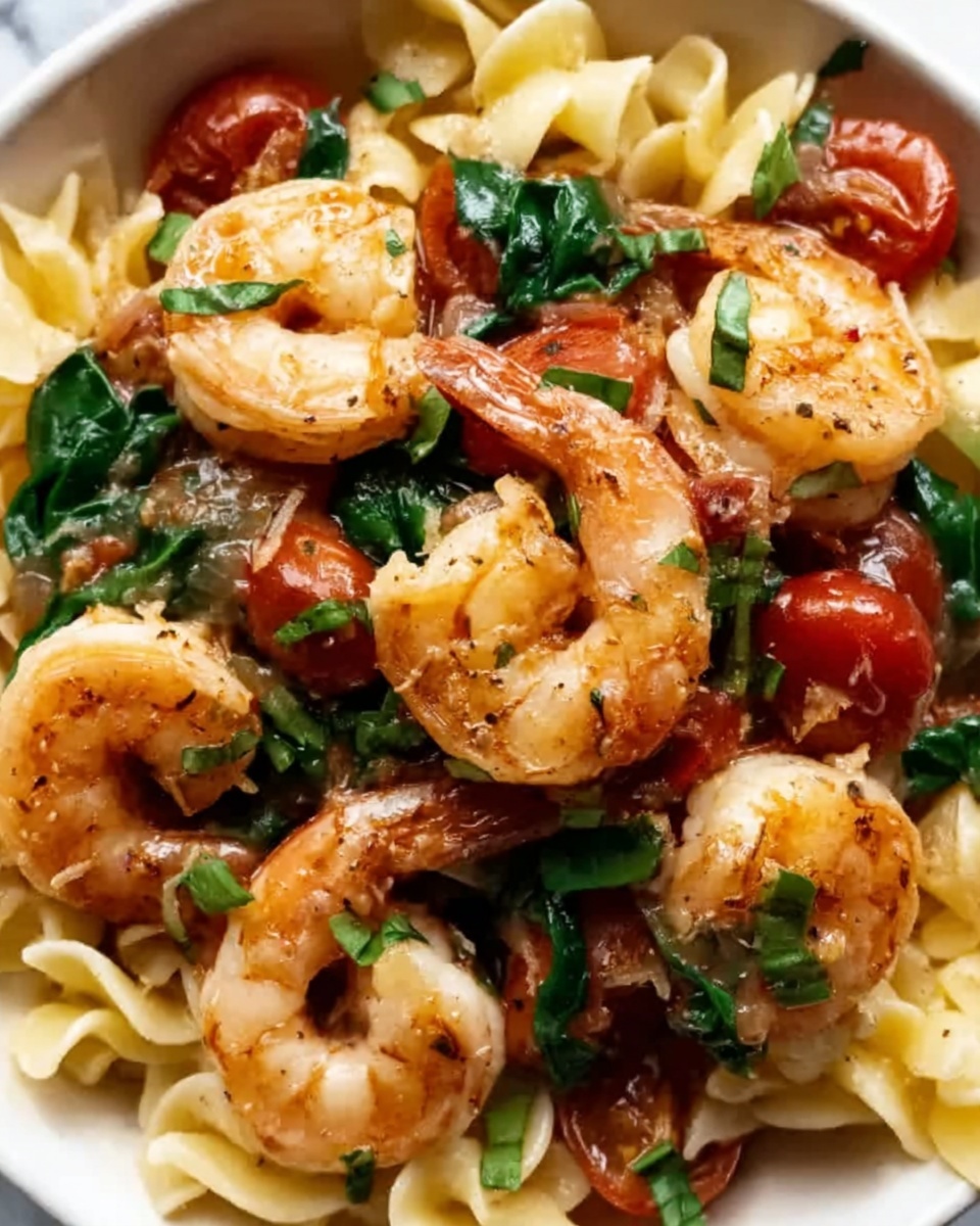 Shrimp Tomato Spinach Pasta in Garlic Butter Sauce Recipe - Recipe Image
