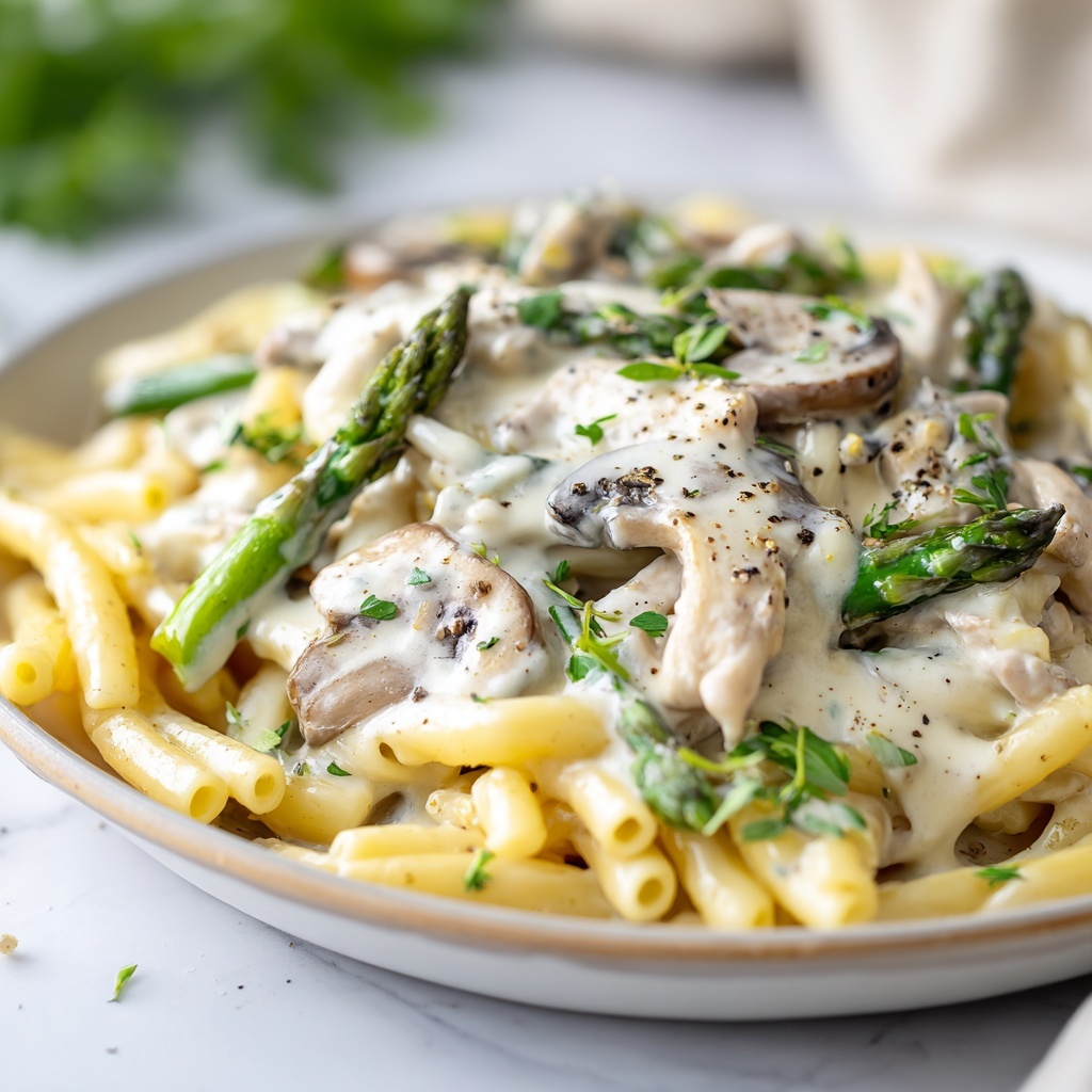 Creamy Mushroom and Asparagus Chicken Penne Recipe - Recipe Image