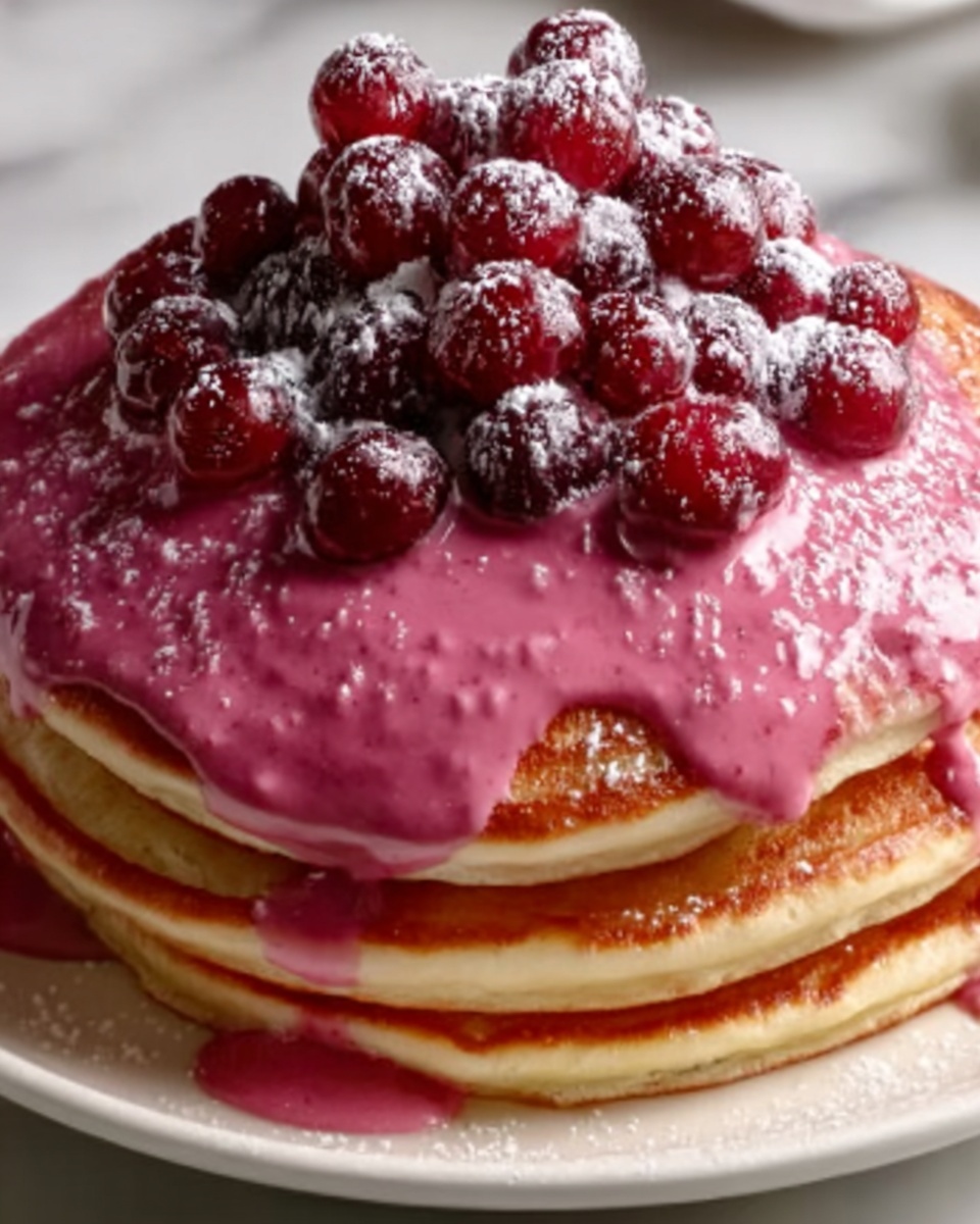 Fluffy Pink Pancakes with White Chocolate Maple Syrup Recipe - Recipe Image