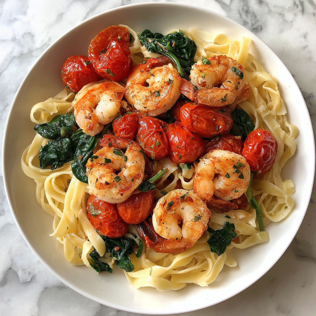 Shrimp Tomato Spinach Pasta in Garlic Butter Sauce Recipe - Recipe Image
