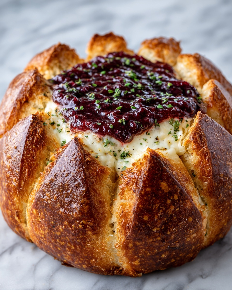 Garlic Herb Sourdough Bread Stuffed with Brie and Cranberry Sauce Recipe - Recipe Image
