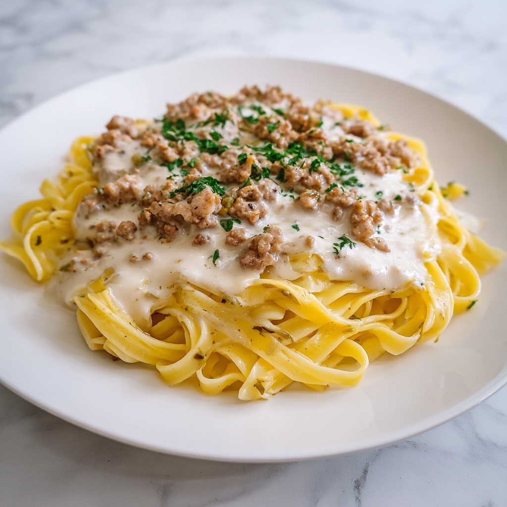 Cheesy Garlic Butter Linguine with Savory Ground Beef Recipe - Recipe Image