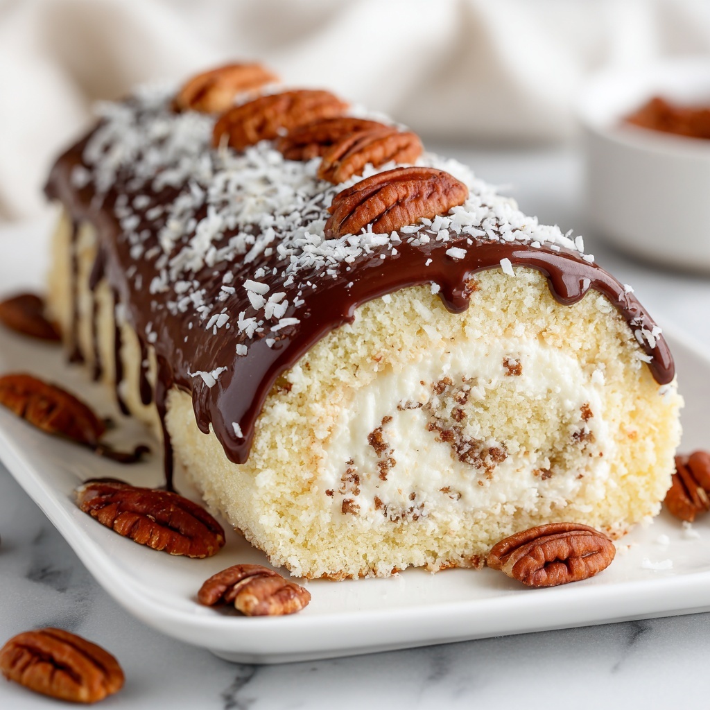 Decadent German Chocolate Coconut Pecan Roll Cake Recipe - Recipe Image