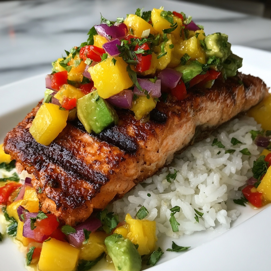 Grilled Lime Salmon with Avocado-Mango Salsa and Coconut Rice Recipe - Recipe Image