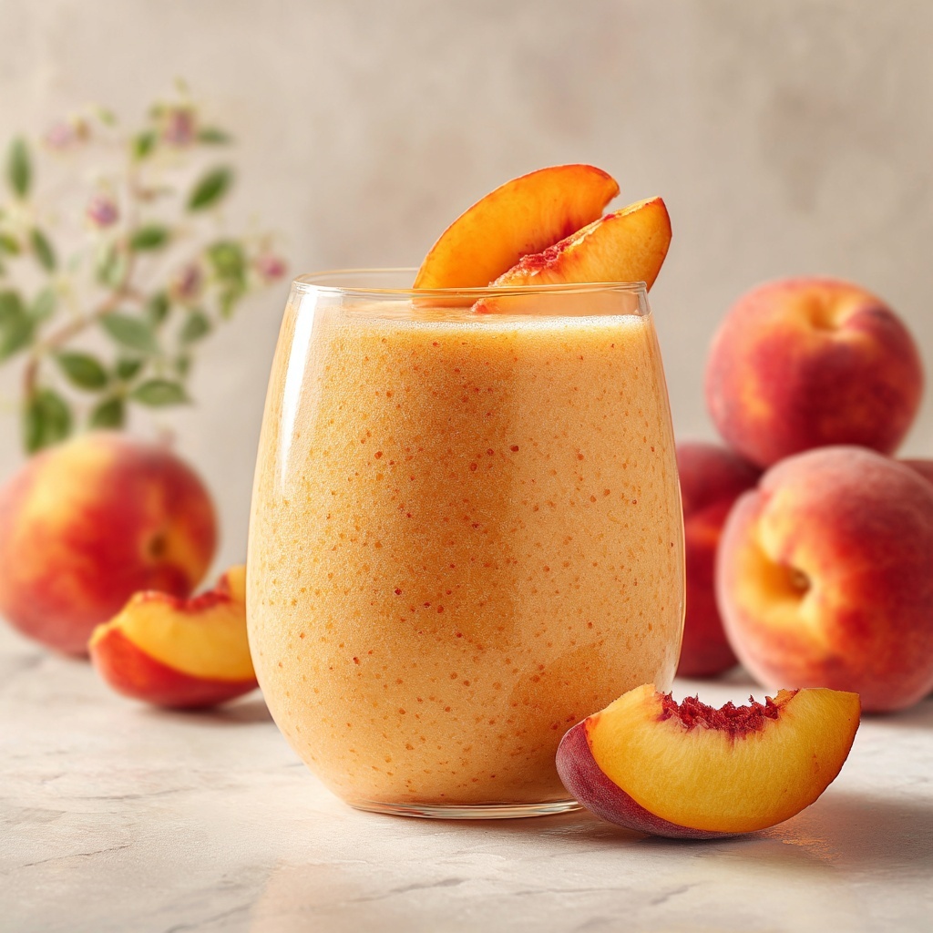 Creamy Banana Peach Smoothie with Whipped Cream and Fresh Fruit Toppings Recipe - Recipe Image