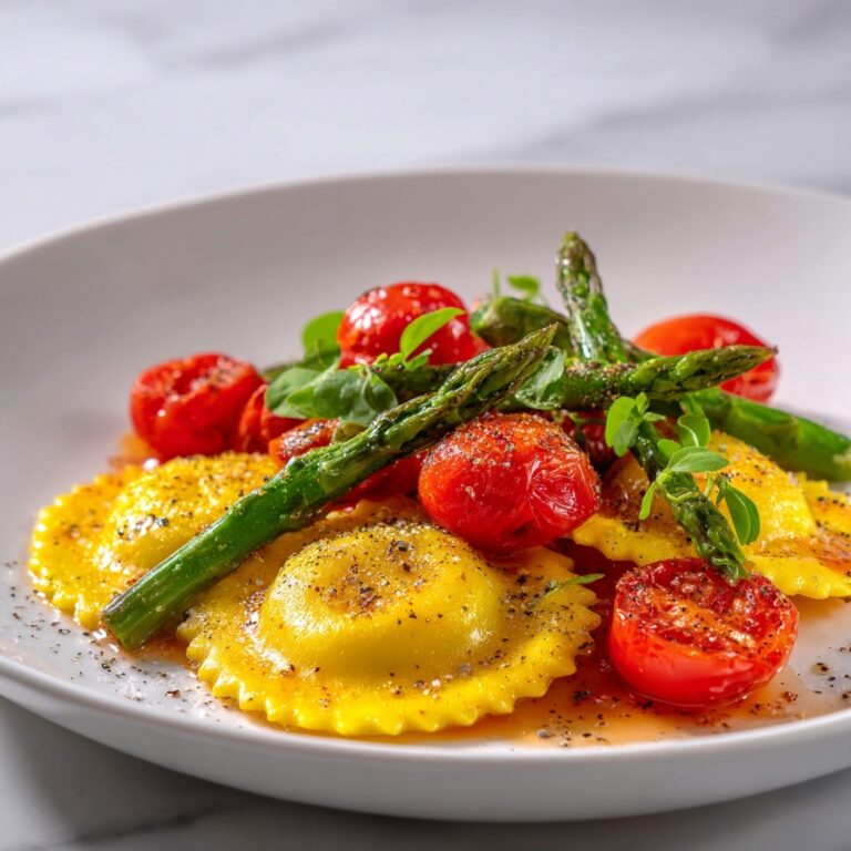 Ravioli with Tomatoes, Asparagus, Garlic, and Herbs Recipe