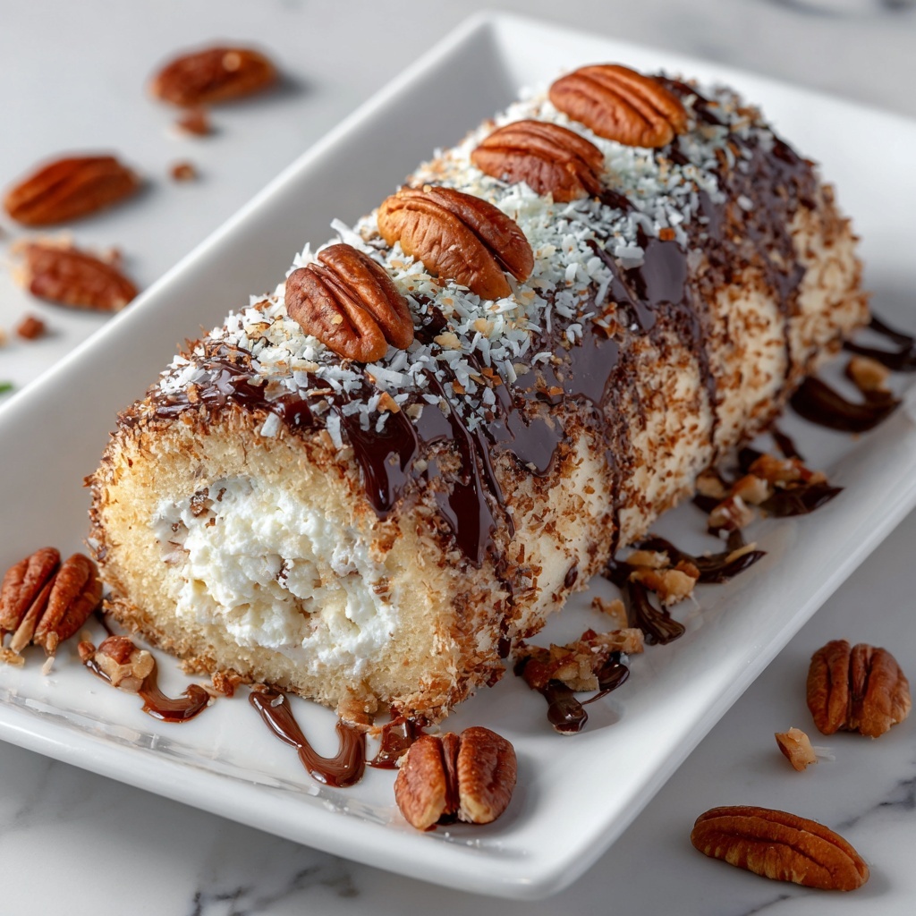 Decadent German Chocolate Coconut Pecan Roll Cake Recipe - Recipe Image