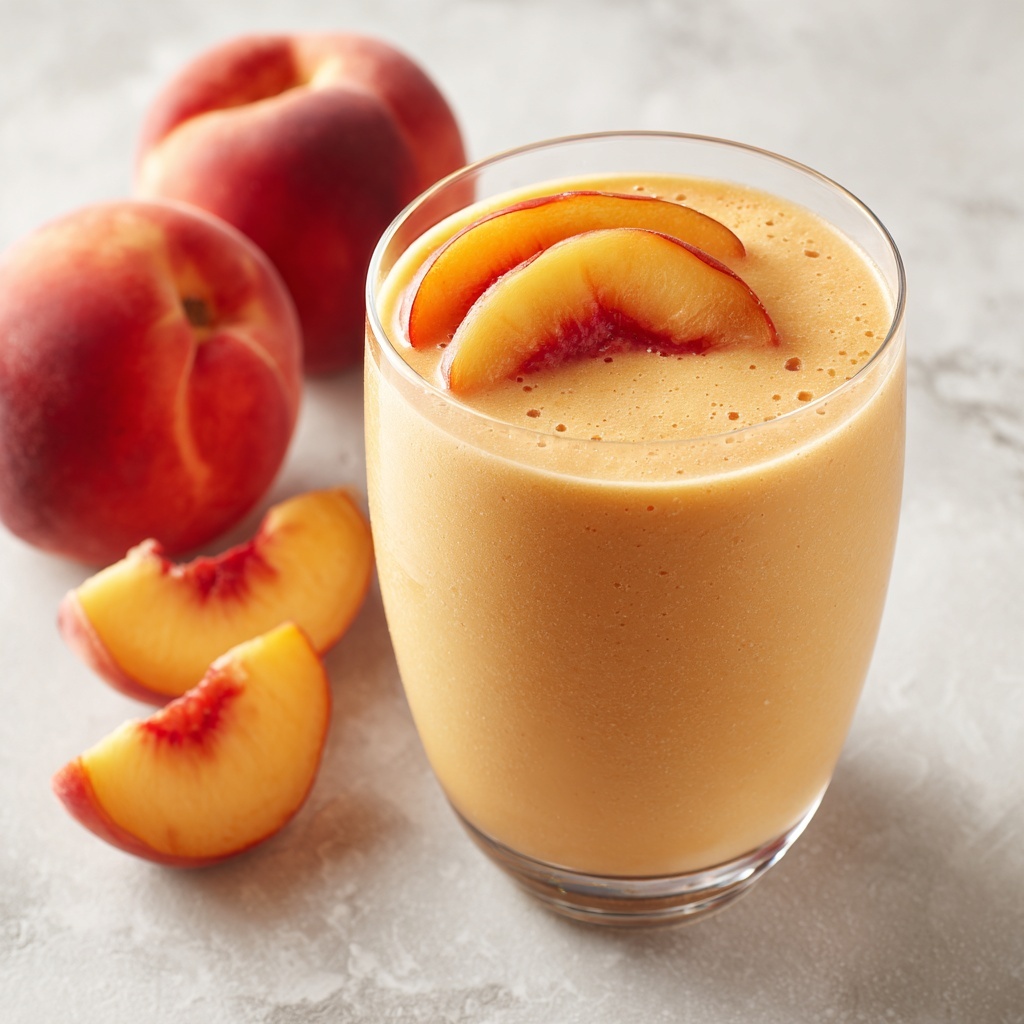 Creamy Banana Peach Smoothie with Whipped Cream and Fresh Fruit Toppings Recipe - Recipe Image
