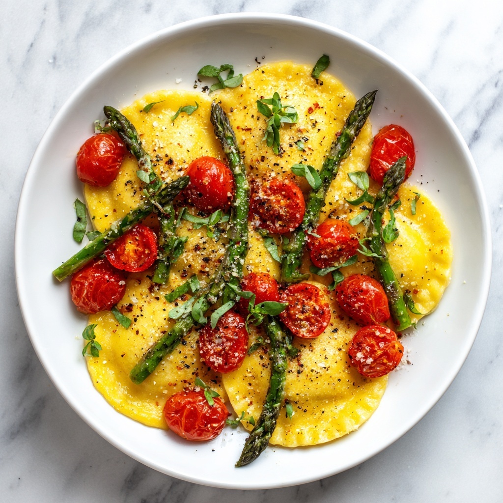 Ravioli with Tomatoes, Asparagus, Garlic, and Herbs Recipe - Recipe Image