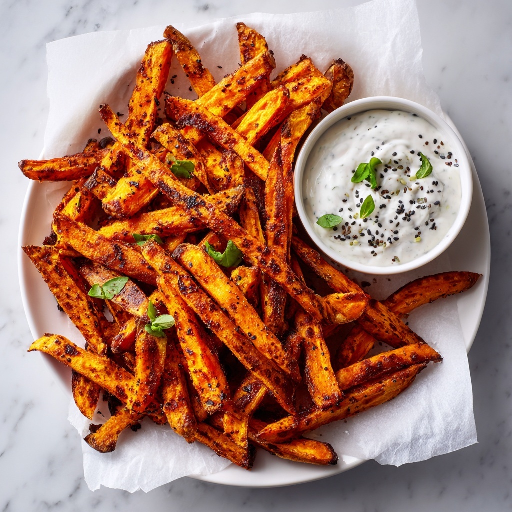 Crispy Baked Sweet Potato Fries with Roasted Garlic Tahini Yogurt Dip Recipe - Recipe Image