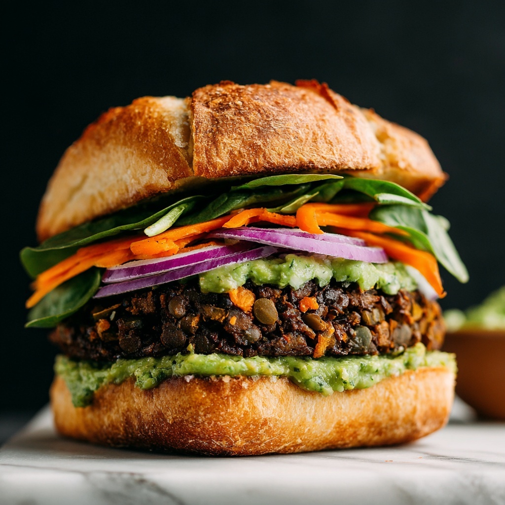 Lentil-Chickpea Veggie Burgers with Avocado Green Harissa Recipe - Recipe Image