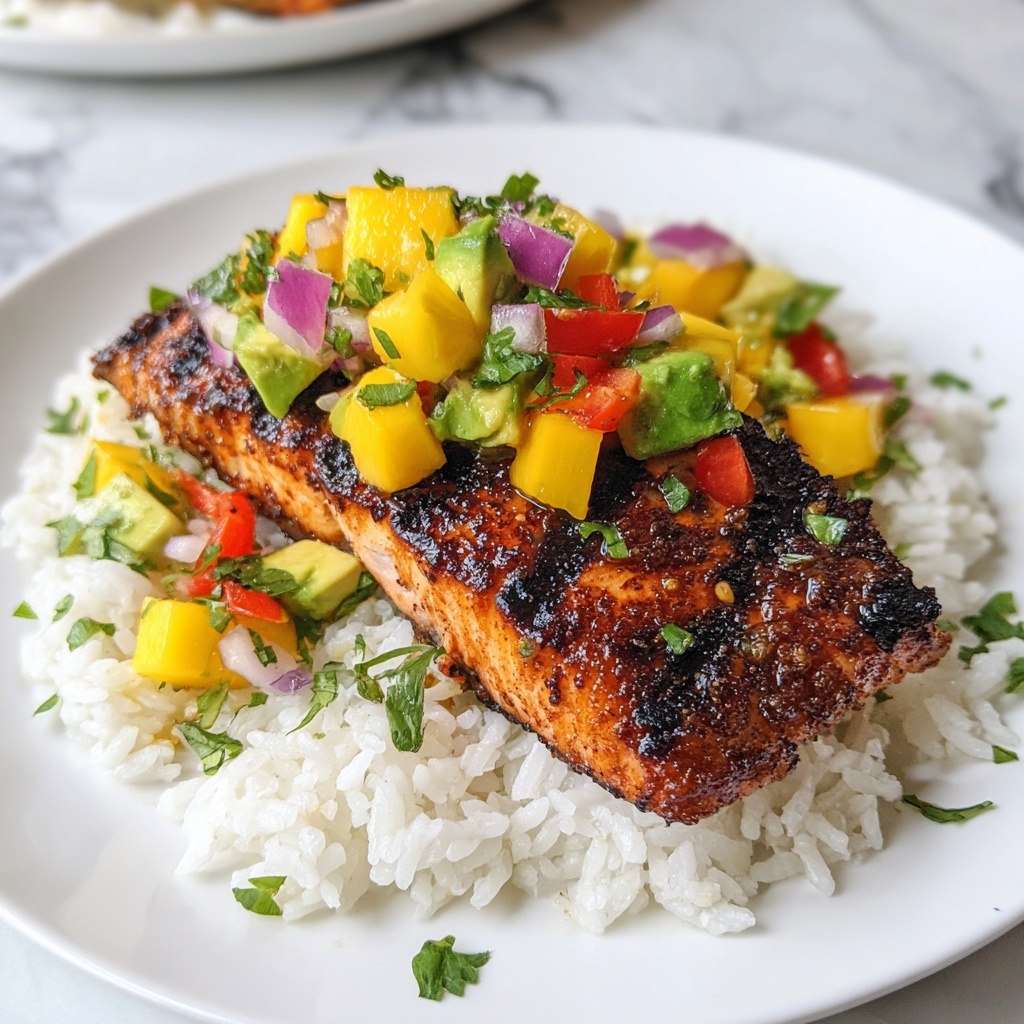 Grilled Lime Salmon with Avocado-Mango Salsa and Coconut Rice Recipe - Recipe Image