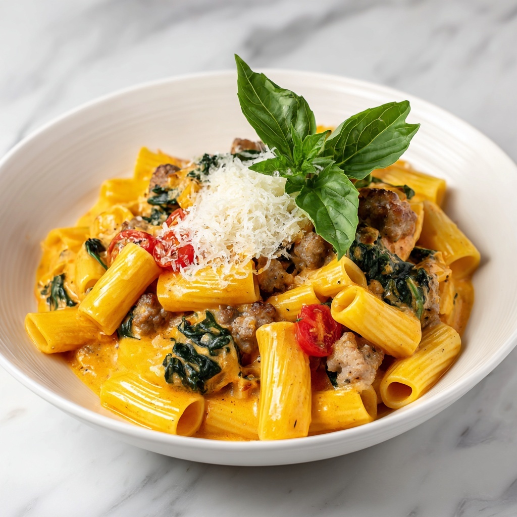 Creamy Sausage Rigatoni with Spinach and Cherry Tomato Cream Sauce Recipe - Recipe Image