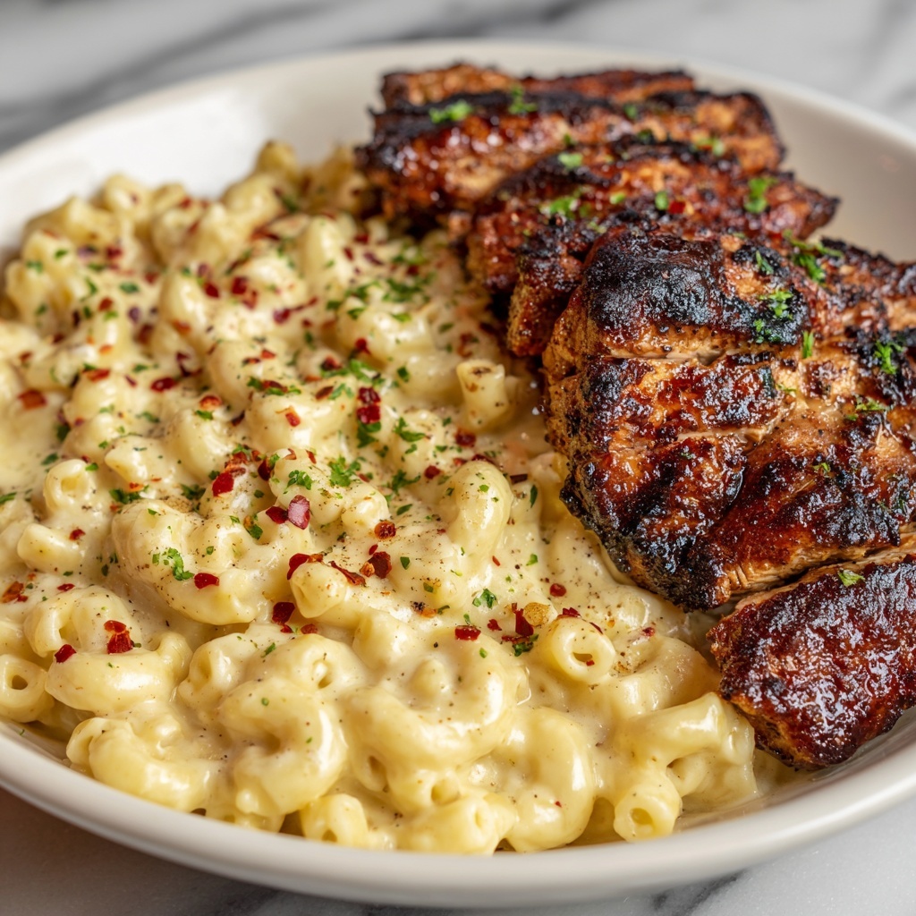Sweet and Spicy Honey Pepper Chicken with Creamy Macaroni Cheese Recipe - Recipe Image