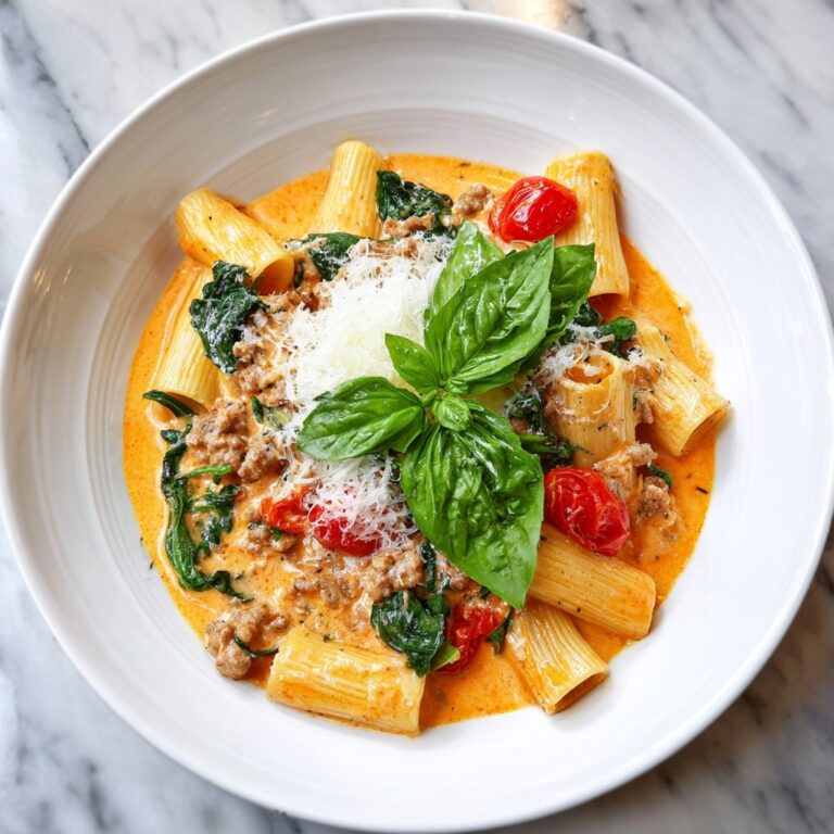 Creamy Sausage Rigatoni with Spinach and Cherry Tomato Cream Sauce Recipe