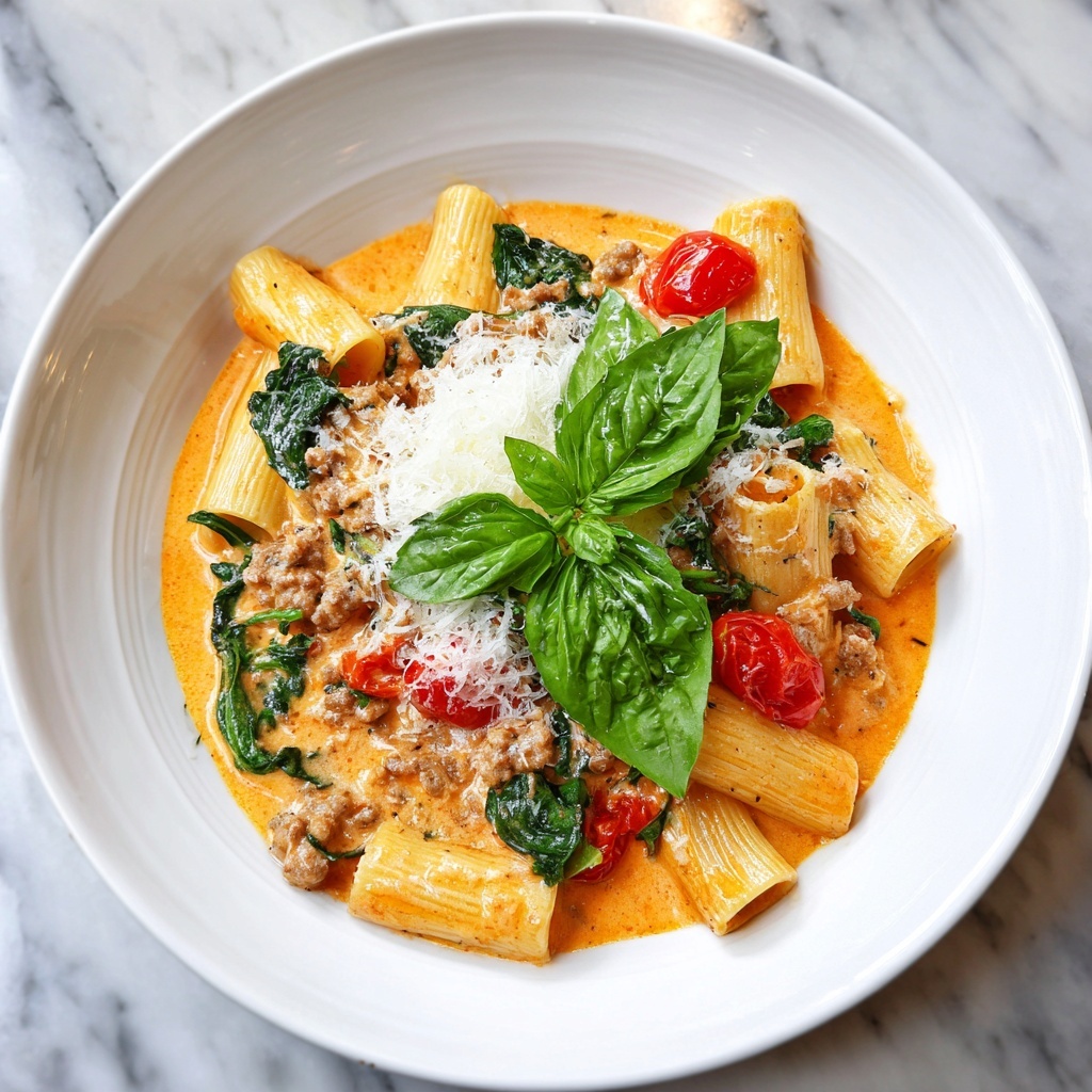 Creamy Sausage Rigatoni with Spinach and Cherry Tomato Cream Sauce Recipe - Recipe Image