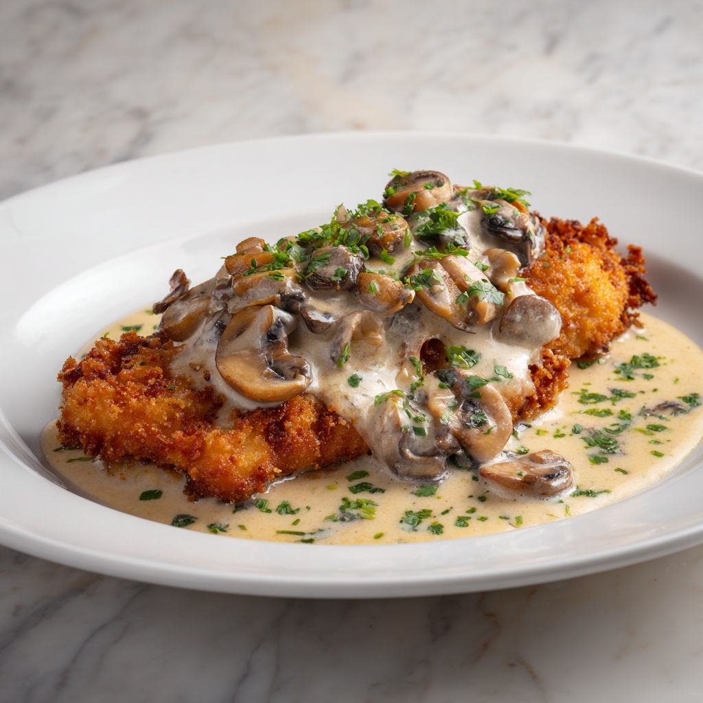 Golden Crispy Chicken with Parmesan Mushroom Sauce Recipe - Recipe Image