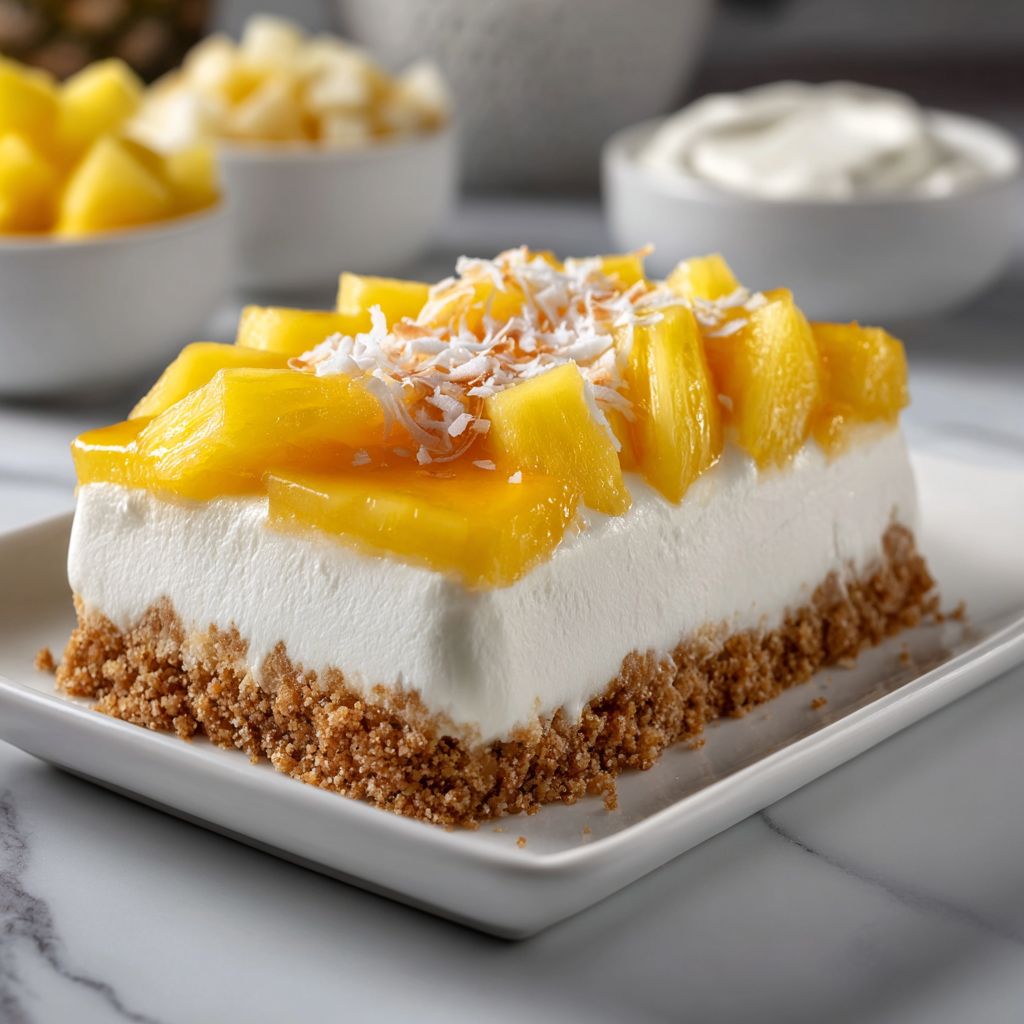 No Bake Vegan Pineapple Cheesecake with Coconut and Lotus Biscoff Cookies Recipe - Recipe Image