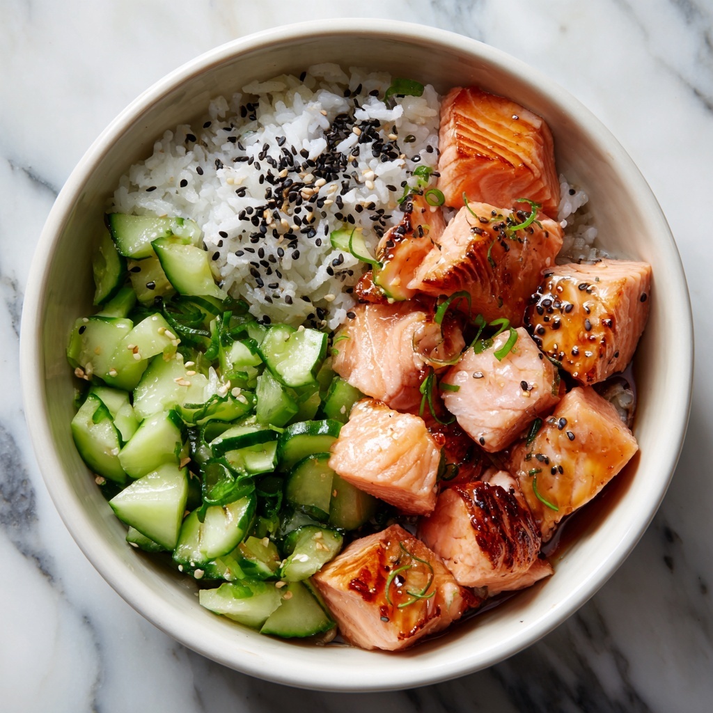Teriyaki Salmon Bites with Avocado Cucumber Salad and Sriracha Mayo Recipe - Recipe Image