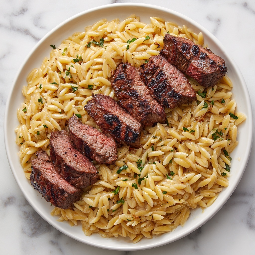 Flank Steak with Creamy Sun-Dried Tomato Orzo Recipe - Recipe Image