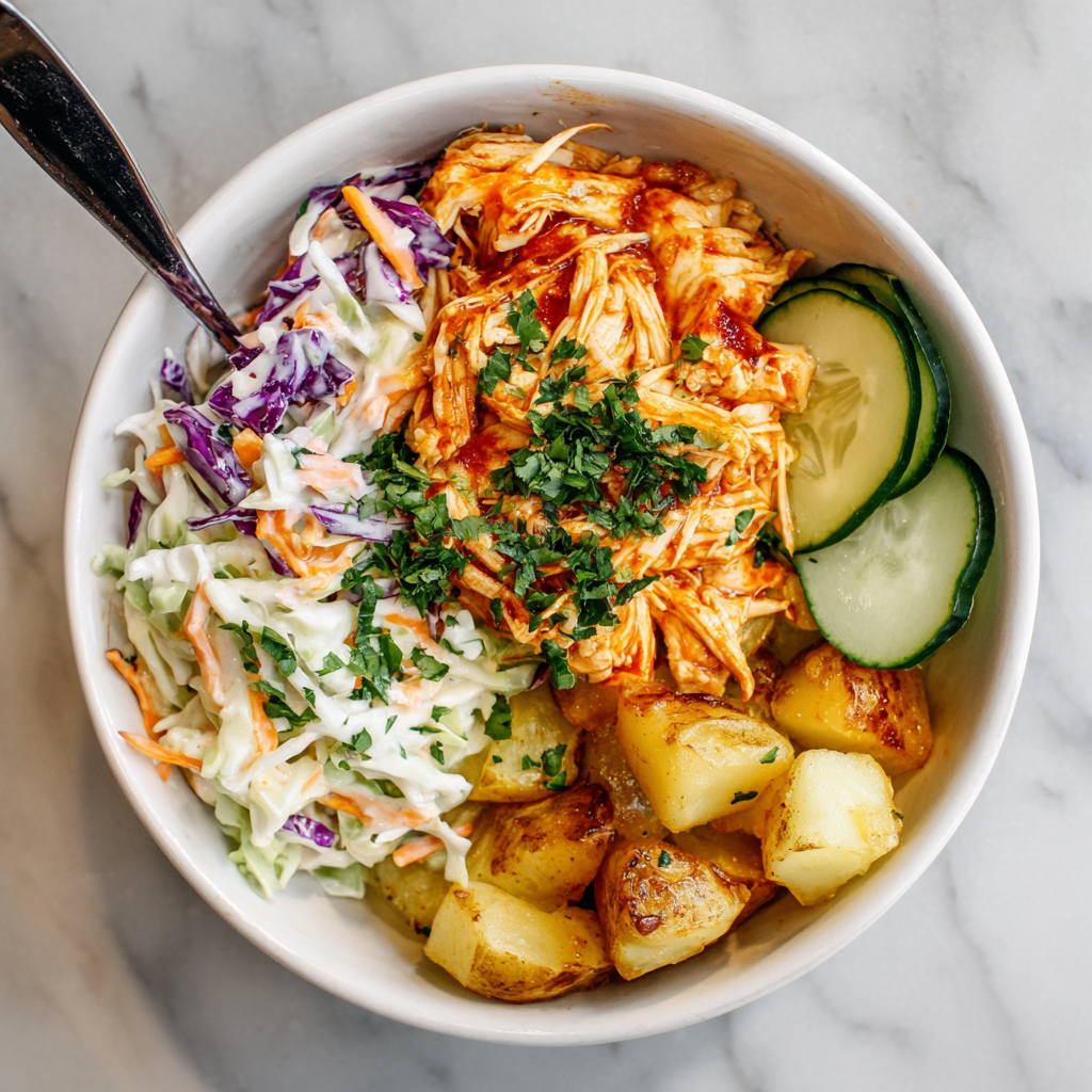 BBQ Chicken Bowls with Roasted Sweet Potatoes and Homemade Coleslaw Recipe - Recipe Image