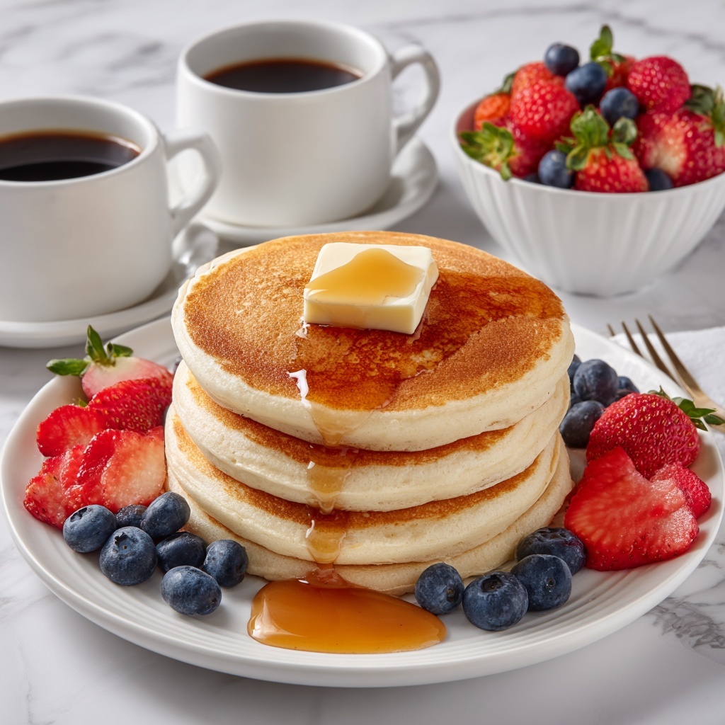 Fluffy Pancakes with Maple Syrup and Fresh Berries Recipe - Recipe Image