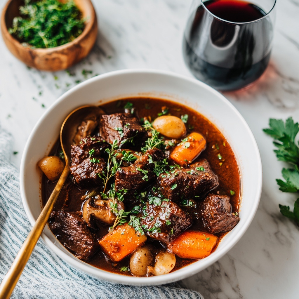 Red Wine Beef Stew with Bacon and Vegetable Topping Recipe - Recipe Image