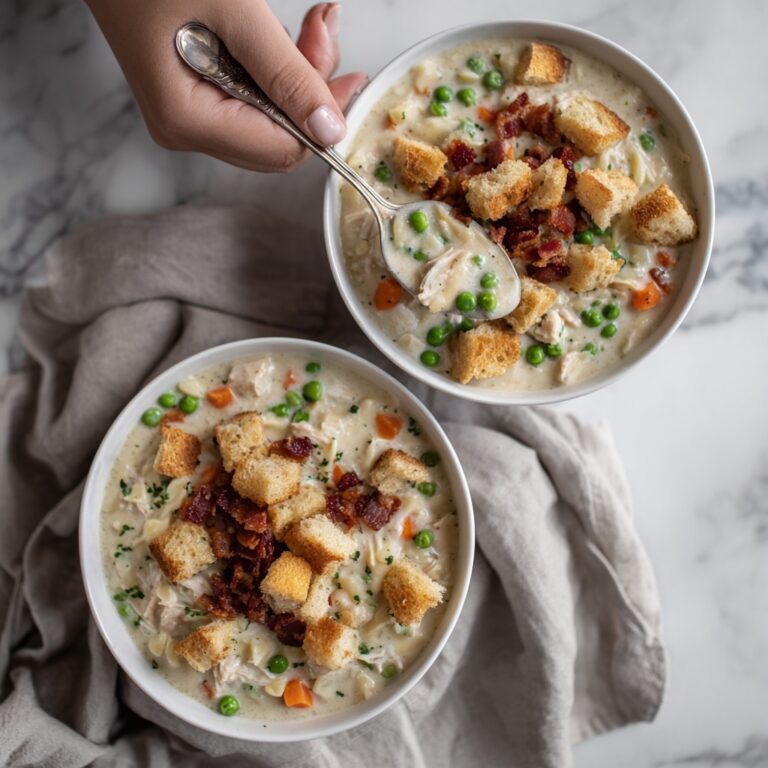 Creamy Chicken Noodle Soup with Crispy Bacon and Mini Croutons Recipe