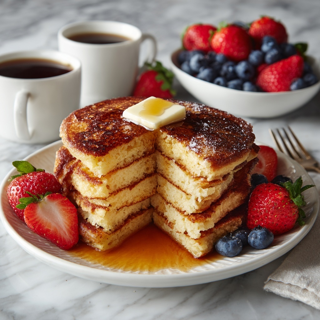 Fluffy Pancakes with Fresh Berries and Maple Syrup Recipe - Recipe Image