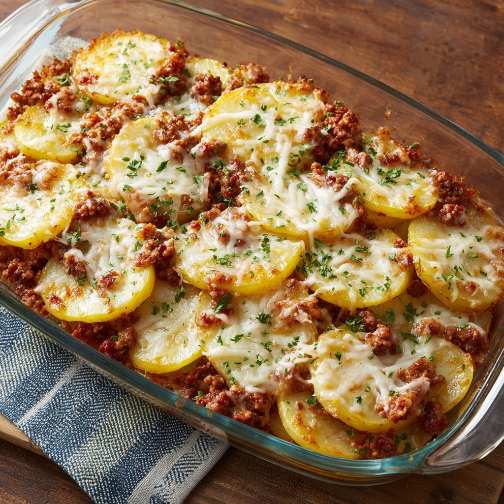 Meat and Potato Casserole with Cream of Mushroom Sauce Recipe - Recipe Image